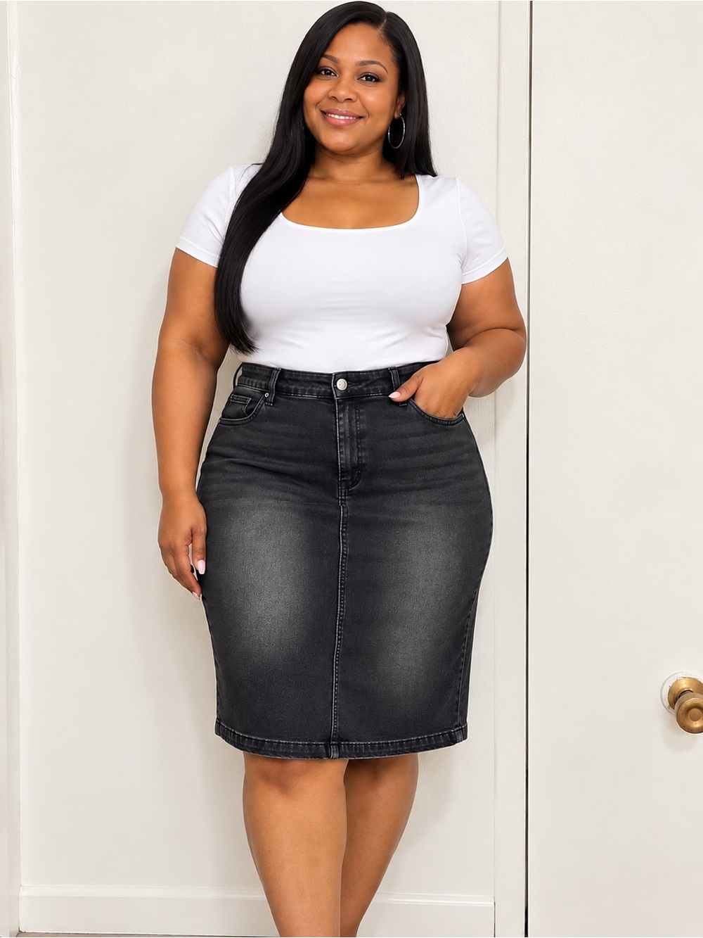 Classic Black Denim Pencil Skirt - Versatile Everyday Style